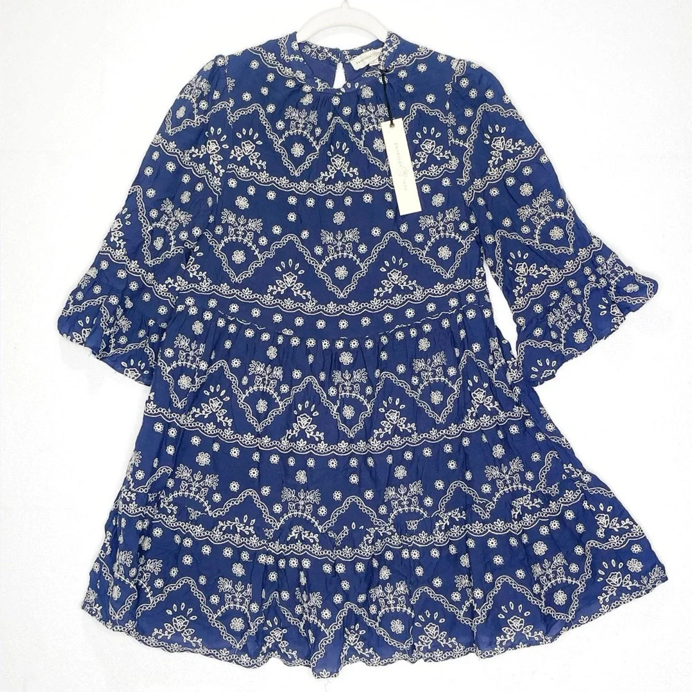 Penelope Rose Navy and Ivory Embroidered Tiered The Katherine Dress Boho Medium